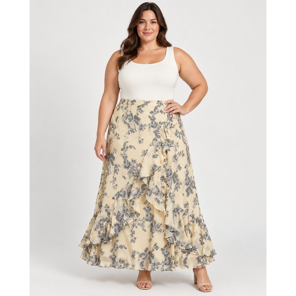 Lauren Ralph Lauren 100% Silk Ruffle Maxi Skirt 1X NWT Water Mill Floral Wheat